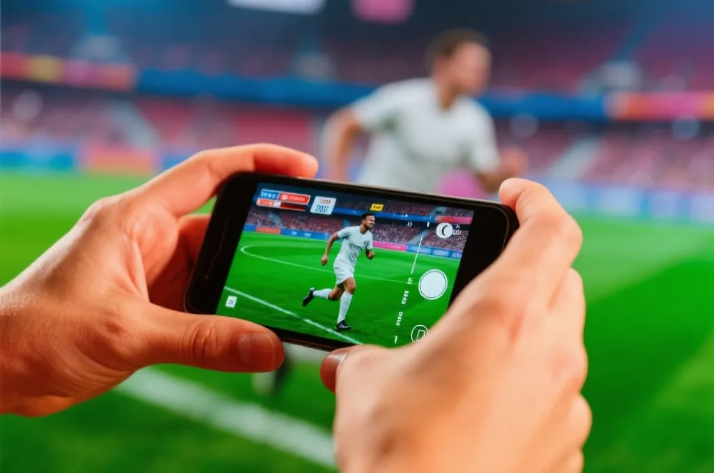 A close-up of hands holding a mobile phone showing a generic soccer player running on field, live broadcast overlay, vibrant colors