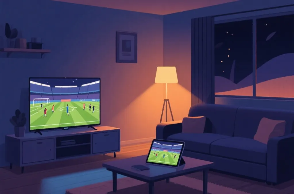 A cozy modern room at night with a smart television and a tablet displaying generic soccer stadium graphics
